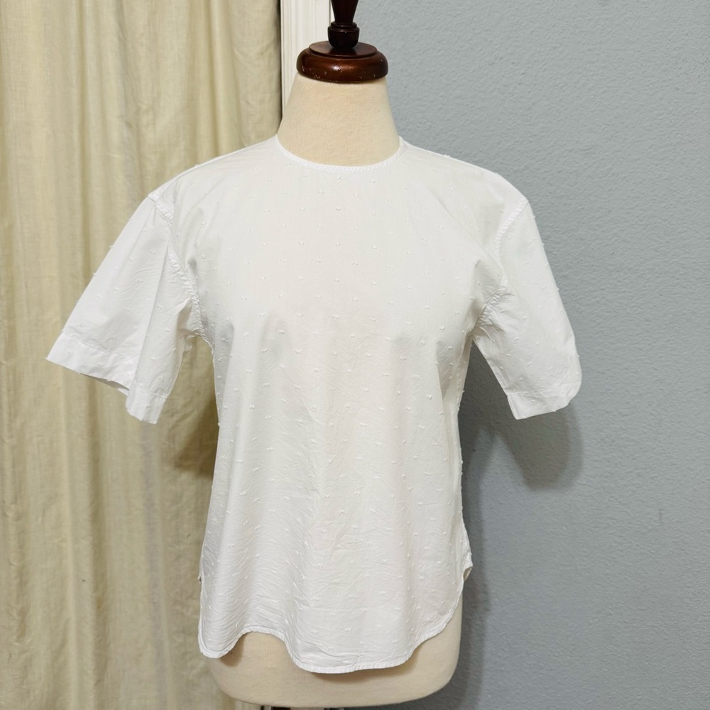 Uniqlo Women White Classic Embroidered Round Neck Retro‎ Buttondown Blouse Sz XS